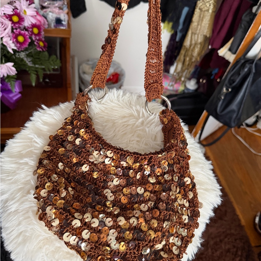 Vintage Fashion Express Brown Sequin Crochet Purse Hannah Montana Vibes Y2K